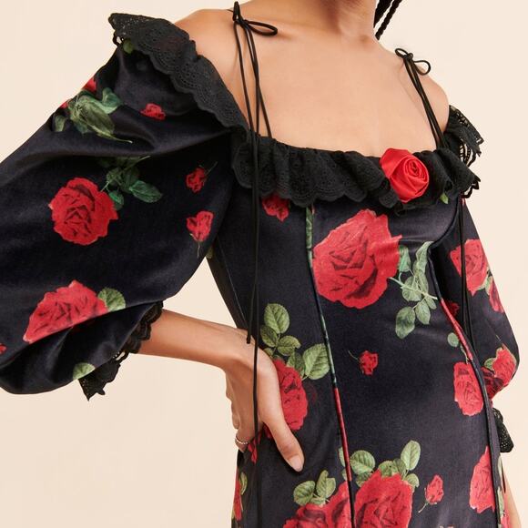 For Love & Lemons Black Velvet Red Floral Yara Mini Dress Size Small - Picture 2 of 8